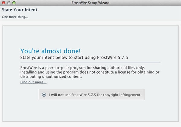 FrostWire for Desktop Intent screen